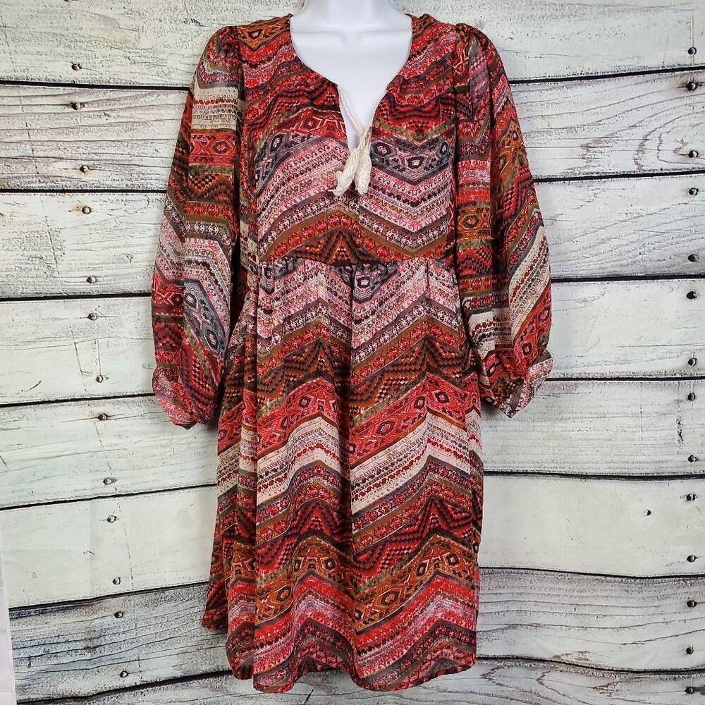 Umgee USA Boho Peasant Dress Size M Long Sleeve Tie Neck Multicolor Print